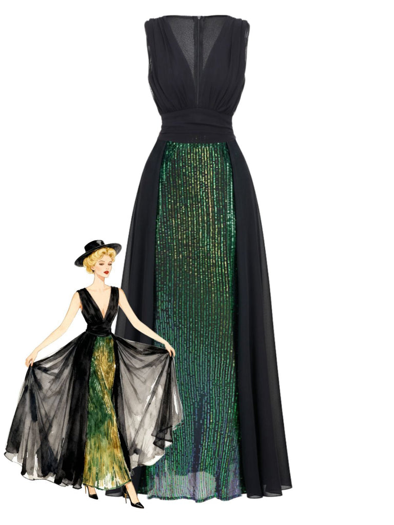 Robe verte en tulle à sequins décolleté col en V profond années 1930