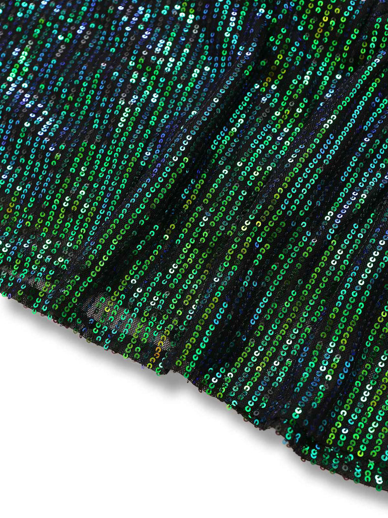 Robe verte en tulle à sequins décolleté col en V profond années 1930