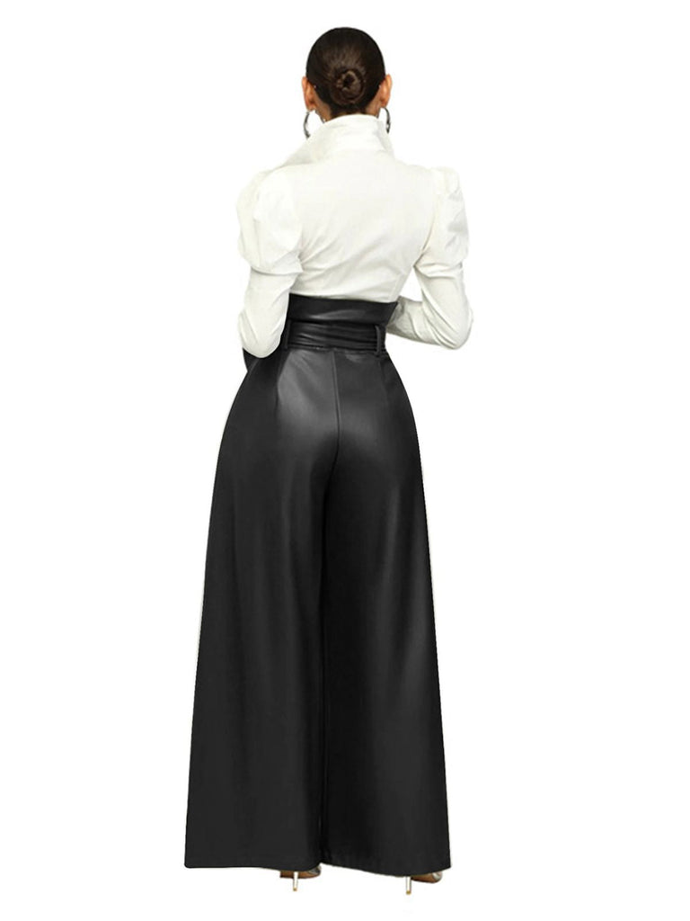 Pantalon large ceinturé en cuir PU massif des années 1980