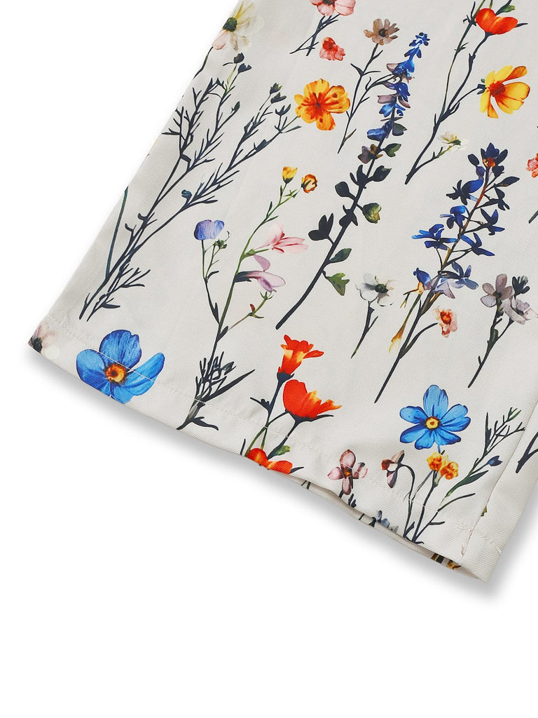 Combinaison beige à fleurs à manches courtes et col en V années 1950