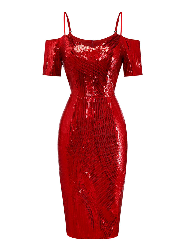 [Prévente] Robe crayon rouge à sequins et épaules dénudée années 1960