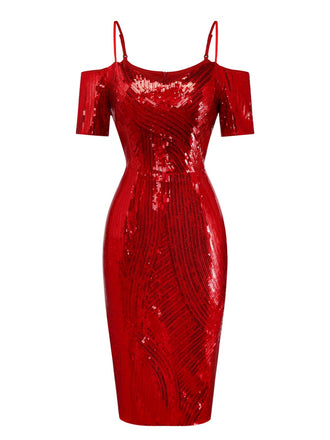 [Prévente] Robe crayon rouge à sequins et épaules dénudée années 1960