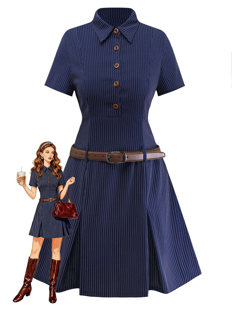 [Prévente] Robe chemise plissée à fines rayures bleues des années 70