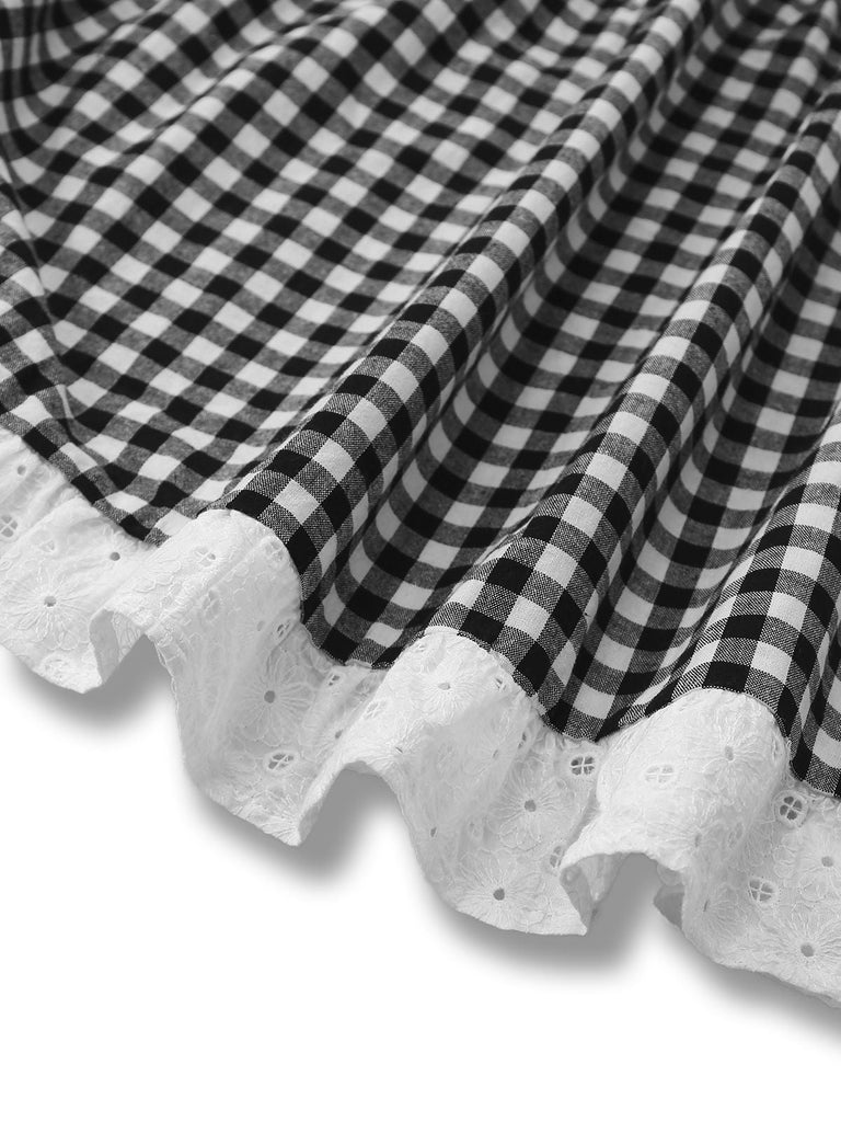 [Prévente] Robe noire patchwork à carreaux avec dentelle brodée années 1950