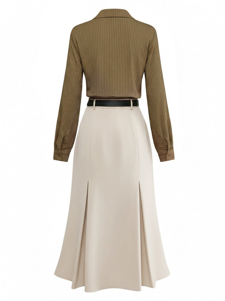 Robe kaki rayé patchwork plissée col revers et cravate années 1930