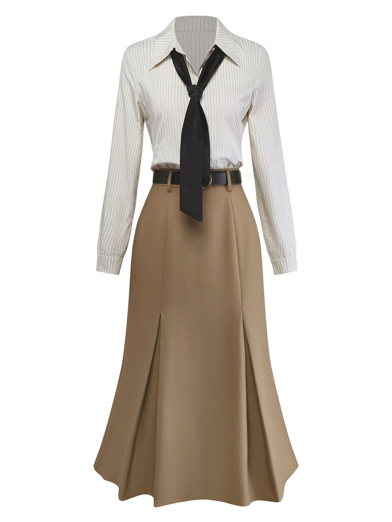 [Prévente] Robe kaki rayé patchwork plissée col revers et cravate années 1930