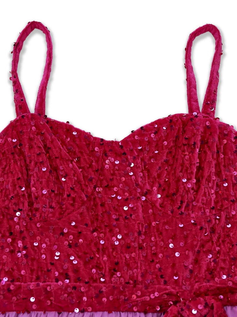 [Prévente] Robe rose à sequins à fines bretelles et nœud années 1950