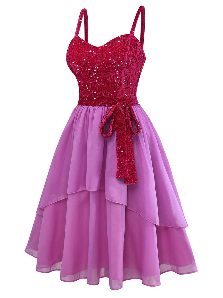 [Prévente] Robe rose à sequins à fines bretelles et nœud années 1950
