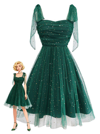 Robe verte en maille et paillettes à épaules dénudées et nœud papillon années 1950
