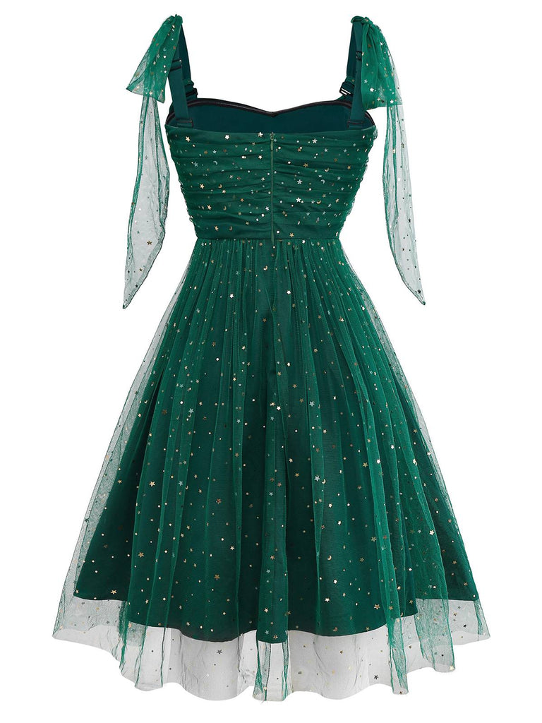 [Pré-vente] Robe verte en maille et paillettes à épaules dénudées et nœud papillon années 1950