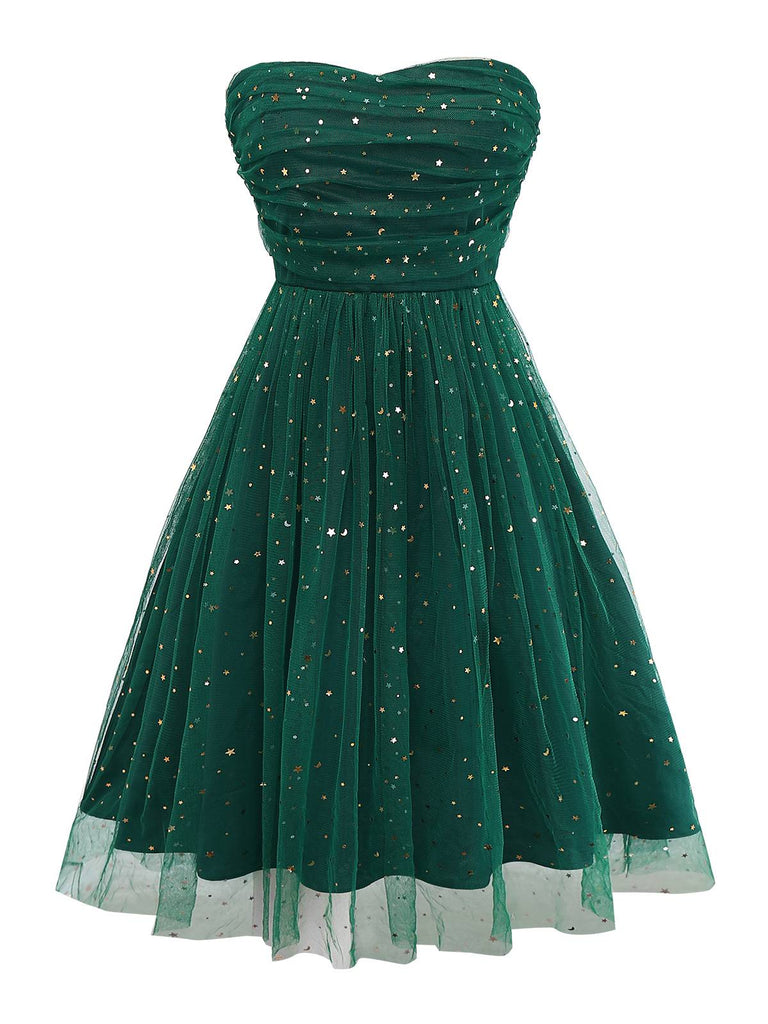 [Pré-vente] Robe verte en maille et paillettes à épaules dénudées et nœud papillon années 1950