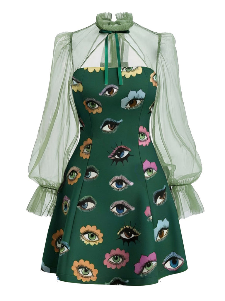 Robe verte manches en maille imprimé œil gothique Halloween années 1960