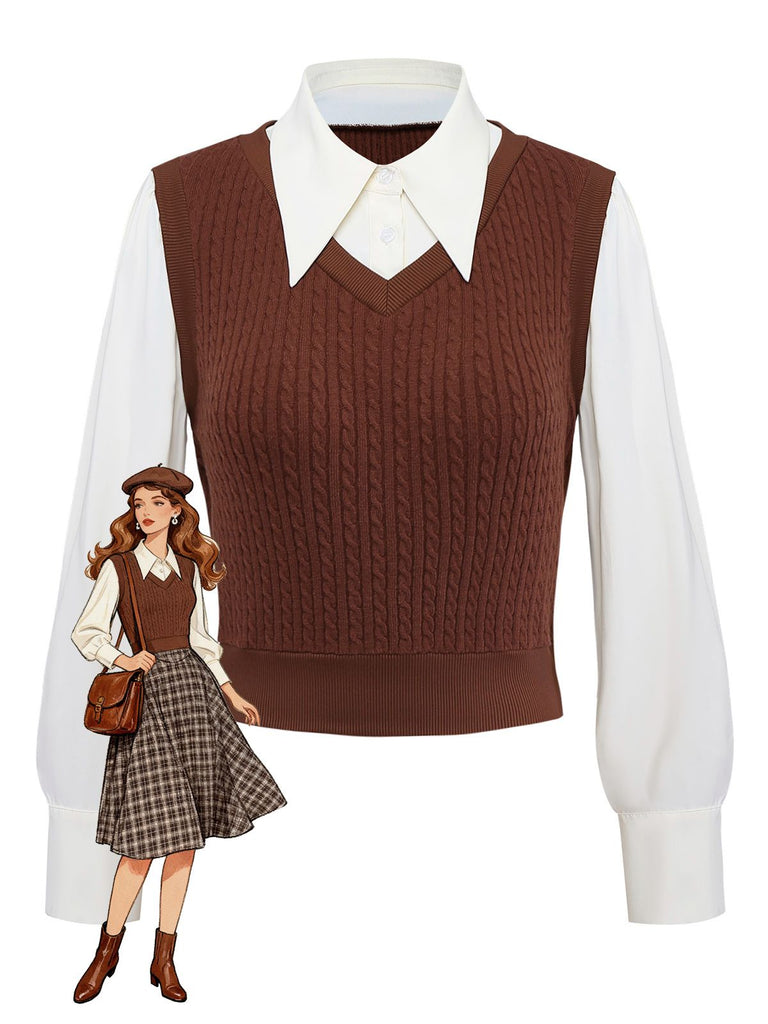 [Prévente] Gilet tricoté marron style faux chemisier 2 pièces années 1940