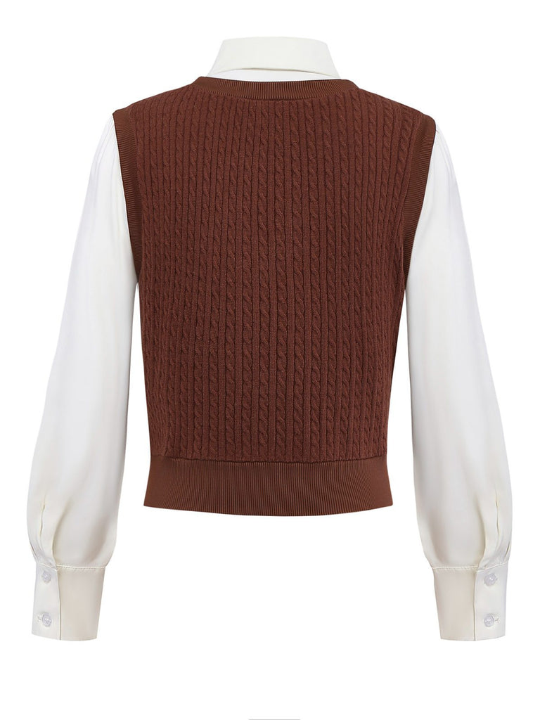 [Prévente] Gilet tricoté marron style faux chemisier 2 pièces années 1940