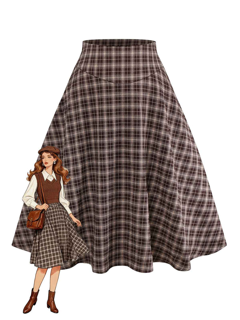 Jupe à carreaux vichy marron taille large des années 1940
