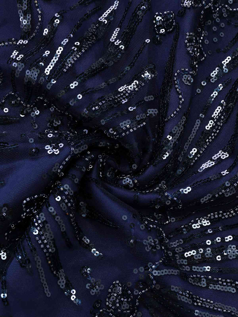 [Pré-vente] Robe bleue à fleurs brodée de paillettes à épaules dénudées années 1950