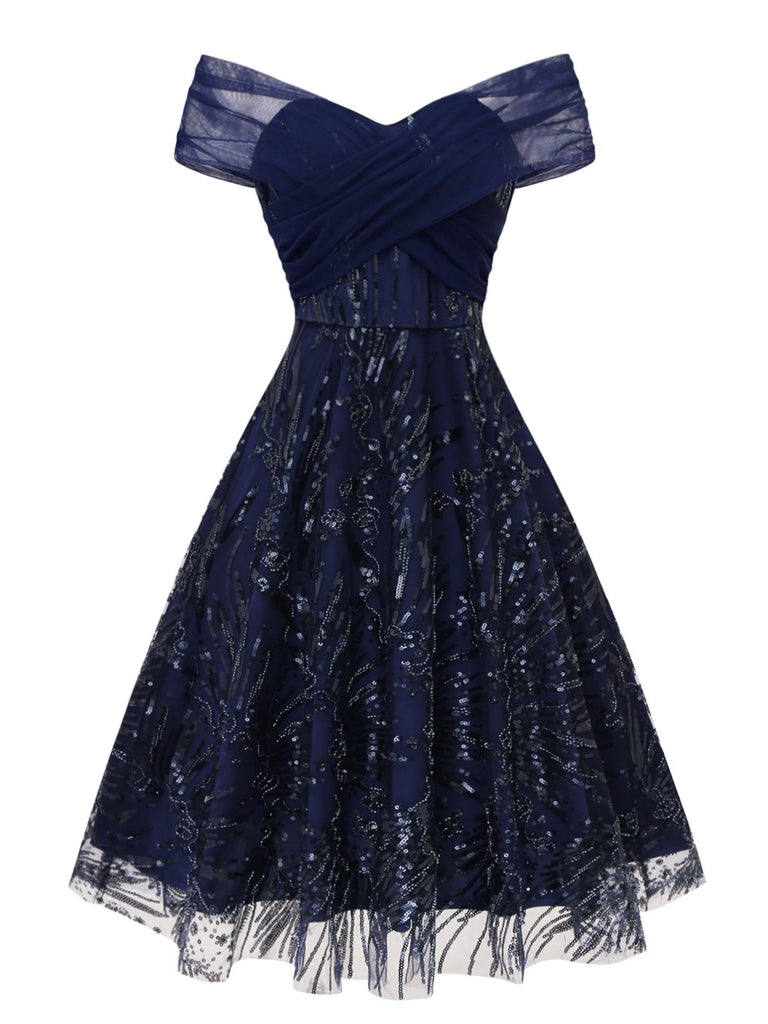 [Pré-vente] Robe bleue à fleurs brodée de paillettes à épaules dénudées années 1950