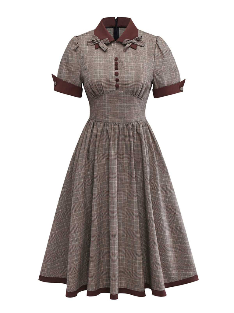 [Prévente] Robe à carreaux marron col revers et nœud papillon années 1950