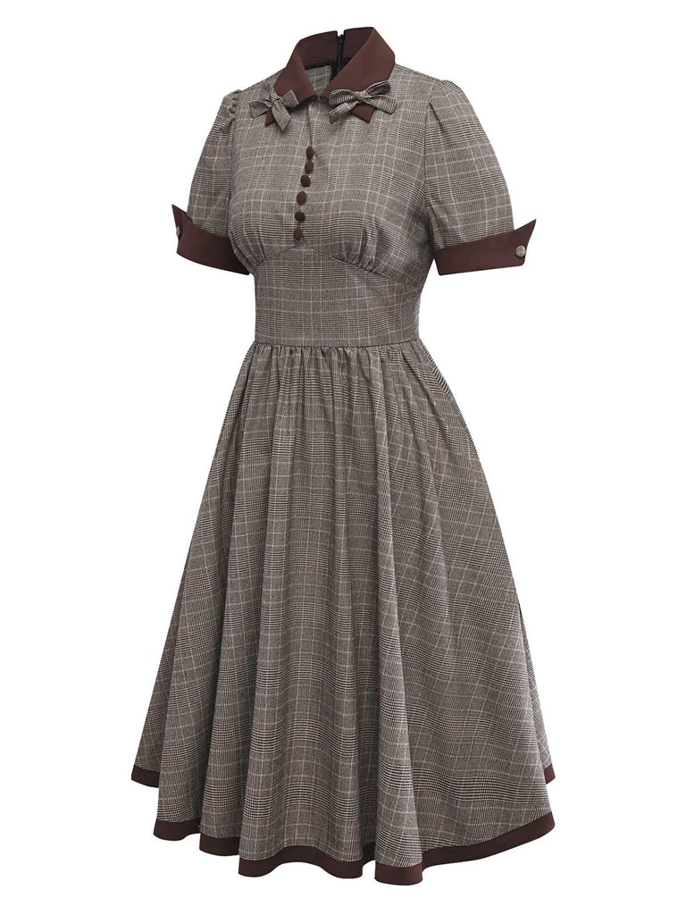 [Prévente] Robe à carreaux marron col revers et nœud papillon années 1950