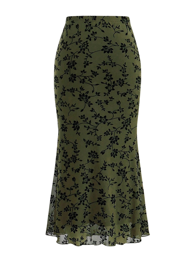 Jupe sirène maxi imprimé floral floqué années 1930