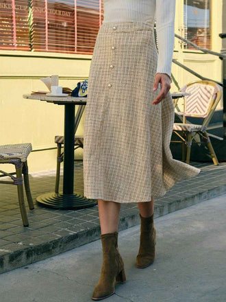 Jupe trapèze beige en tweed à carreaux à boutonsannées 1940