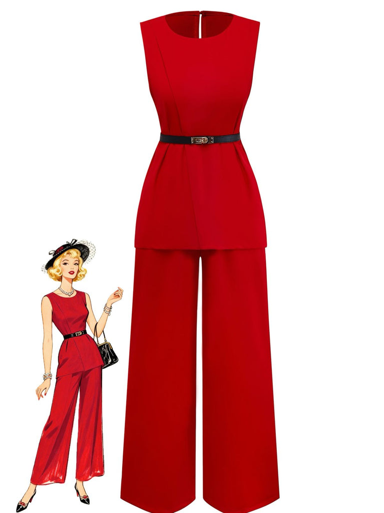 2PCS Ensemble Gilet Sans Manches Pantalon Ceinturé Années 1960