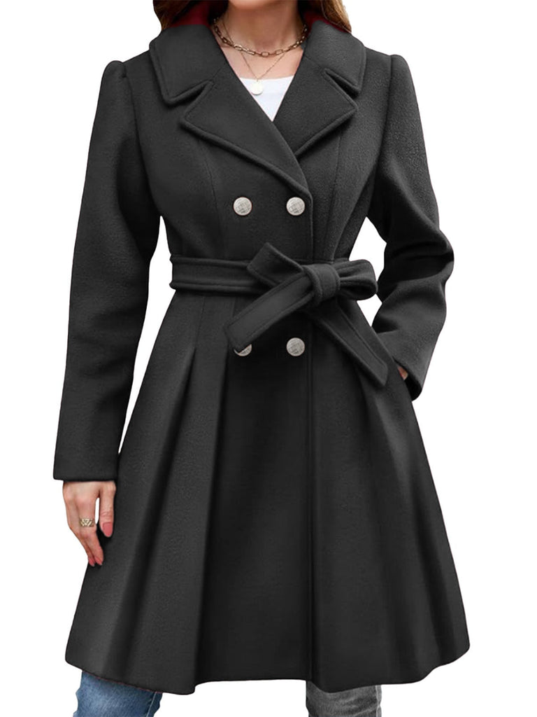 Manteau croisé col cranté couleur uni avec ceinture des années 1950