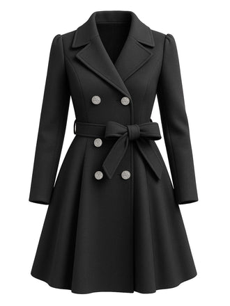 Manteau croisé col cranté couleur uni avec ceinture des années 1950