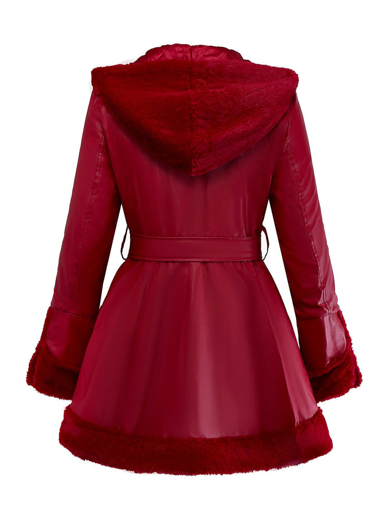 Manteau à capuche et col en fourrure en cuir des années 1950