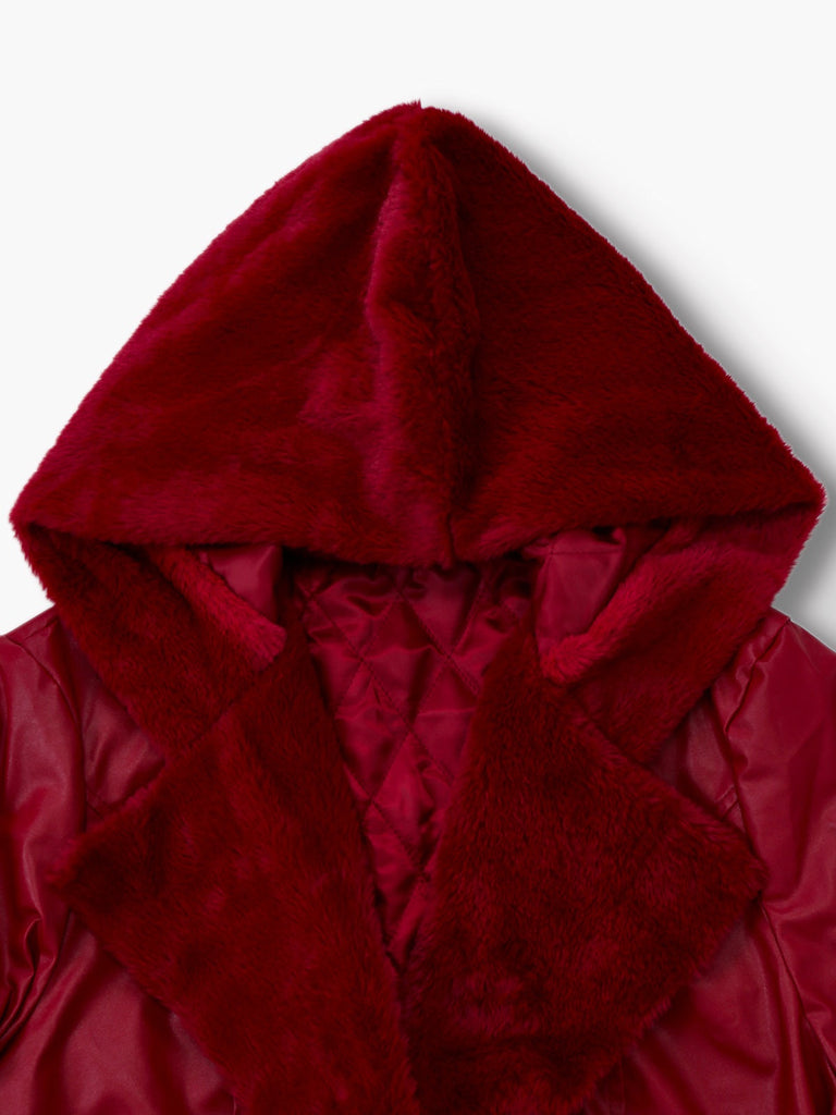 Manteau à capuche et col en fourrure en cuir des années 1950