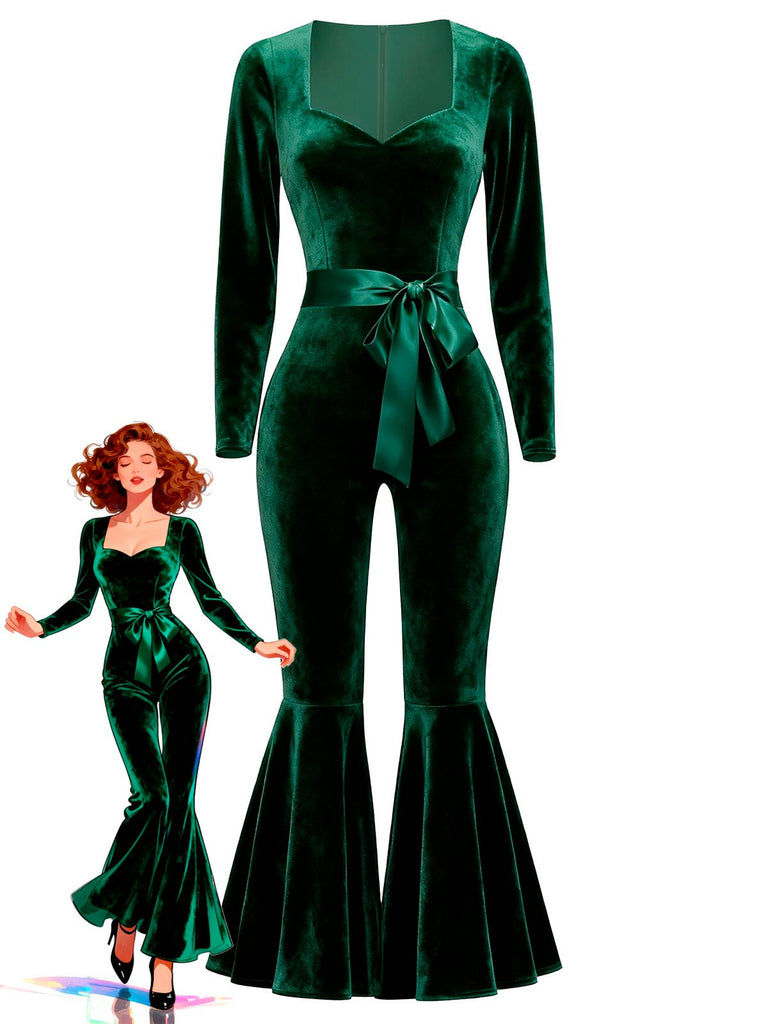 [Prévente] Combinaison évasée en velours col en cœur rouge années 1970