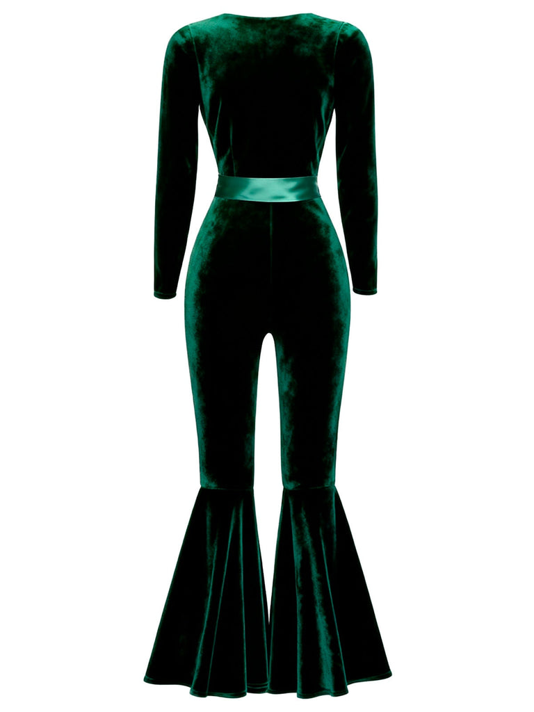 [Pré-vente] Combinaison évasée en velours col en cœur vert années 1970