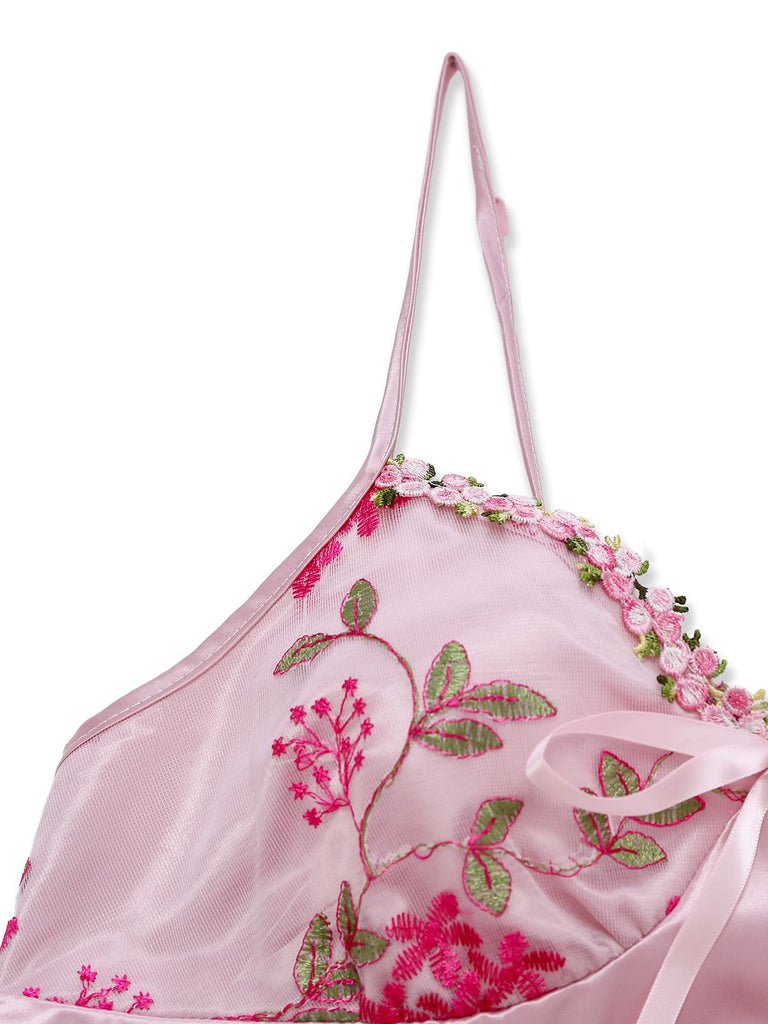 [Pré-vente] Robe nuisette rose en satin brodé à fleurs des années 1950