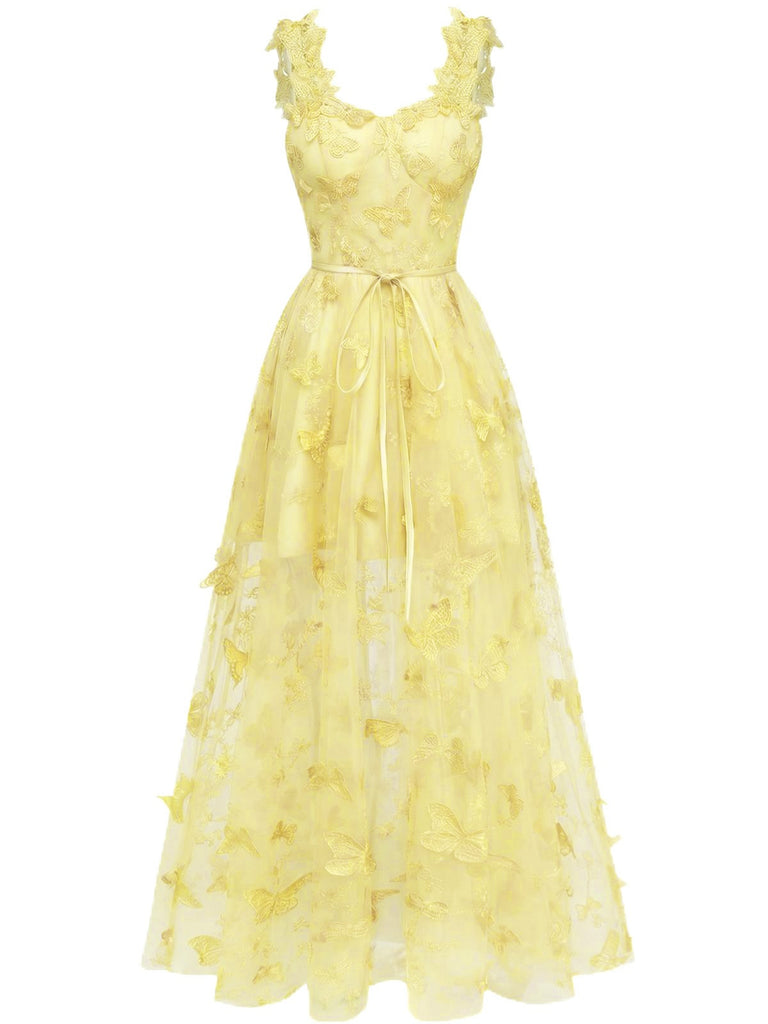 Robe Maxi Bretelles Épaghetti Papillons 3D Maille Années 1930