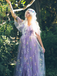 Robe fendue violette tulle fleurs 1970s