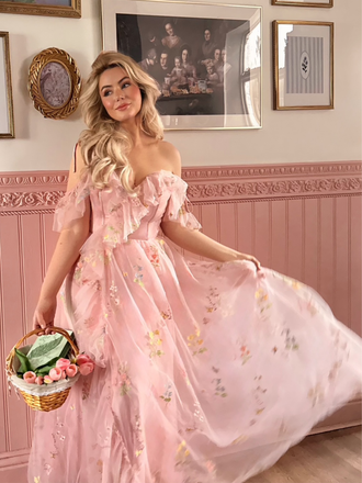 [Prévente] Robe fendue tulle fleurs rose 1970s