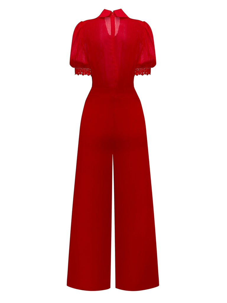 Combinaison à revers uni col en dentelle florale et nœud années 1950