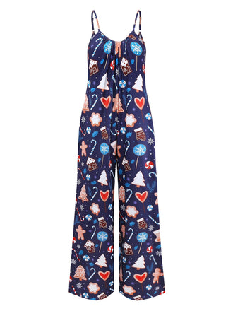 Combinaison à bretelles imprimée d'éléments de Noël bleus des années 1930