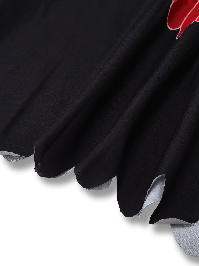 Robe imprimés de homard manga col zigzag manches lanternes noire années 1950