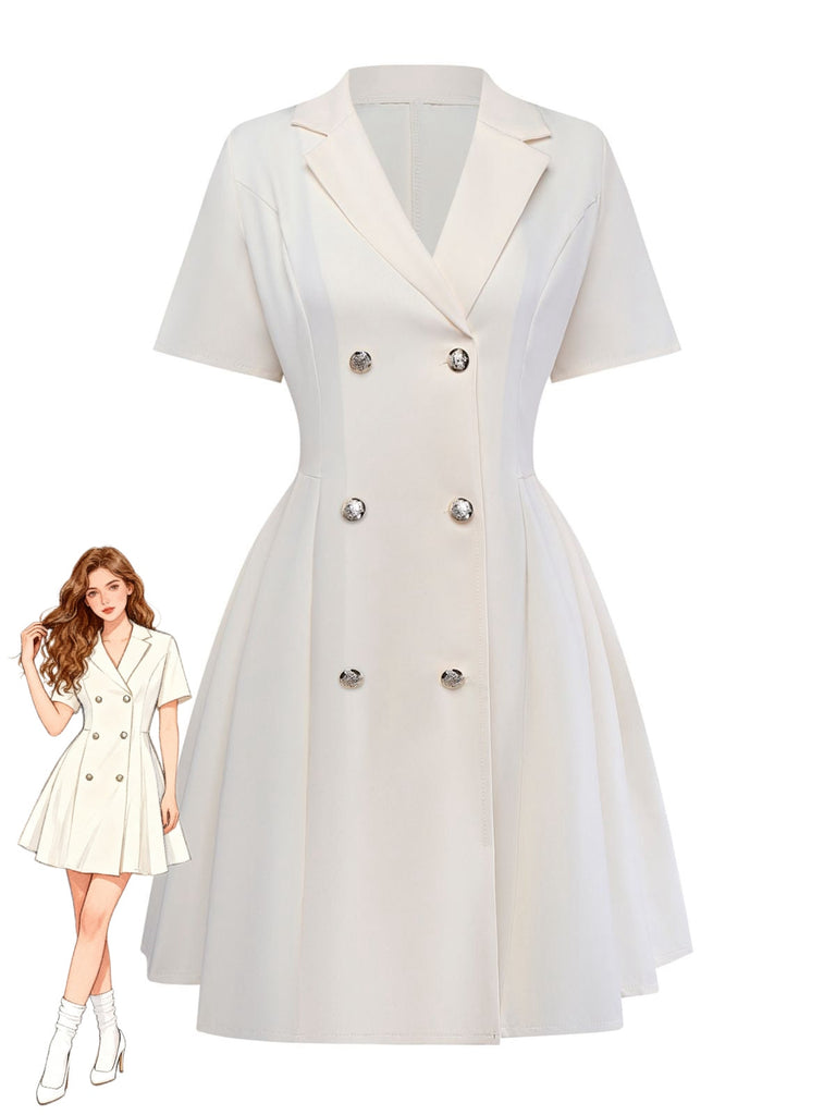 Robe beige plissée  double boutonnage et revers années 1970