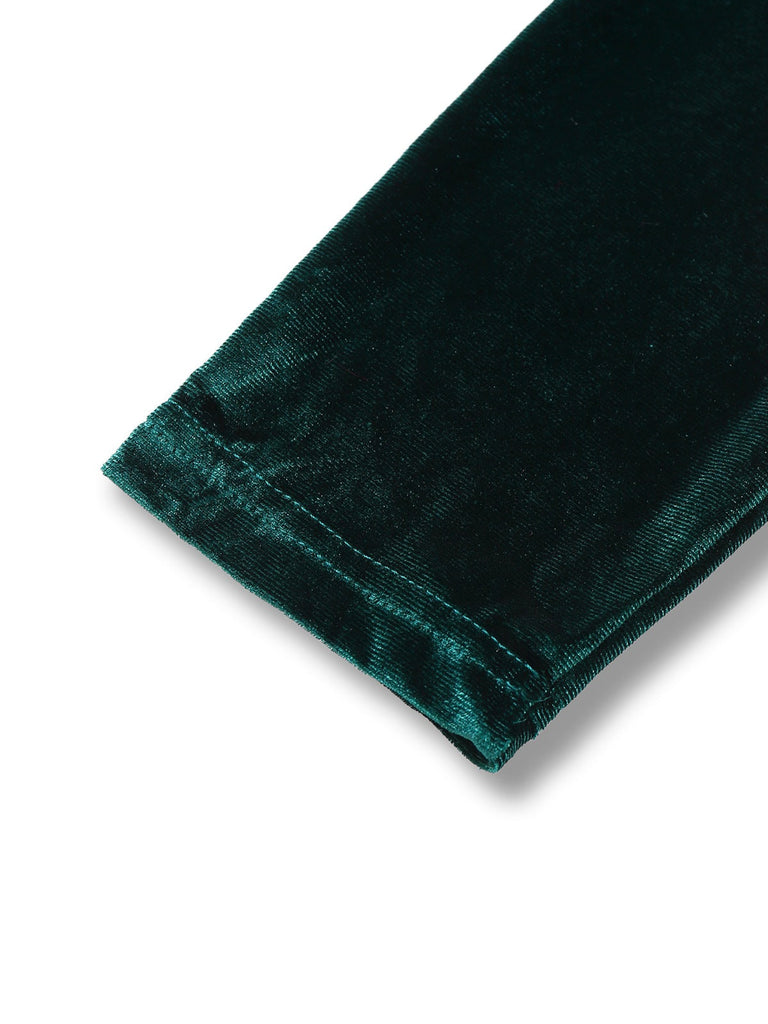 Robe moulante manches longues et froncées en velours vert des années 1960