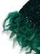 Robe moulante verte à épaules dénudées et plumes pailletées des années 1960