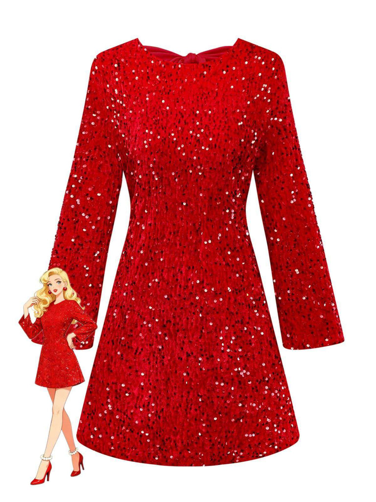 Robe à paillettes rouge manches longues col rond avec nœud des années 1960