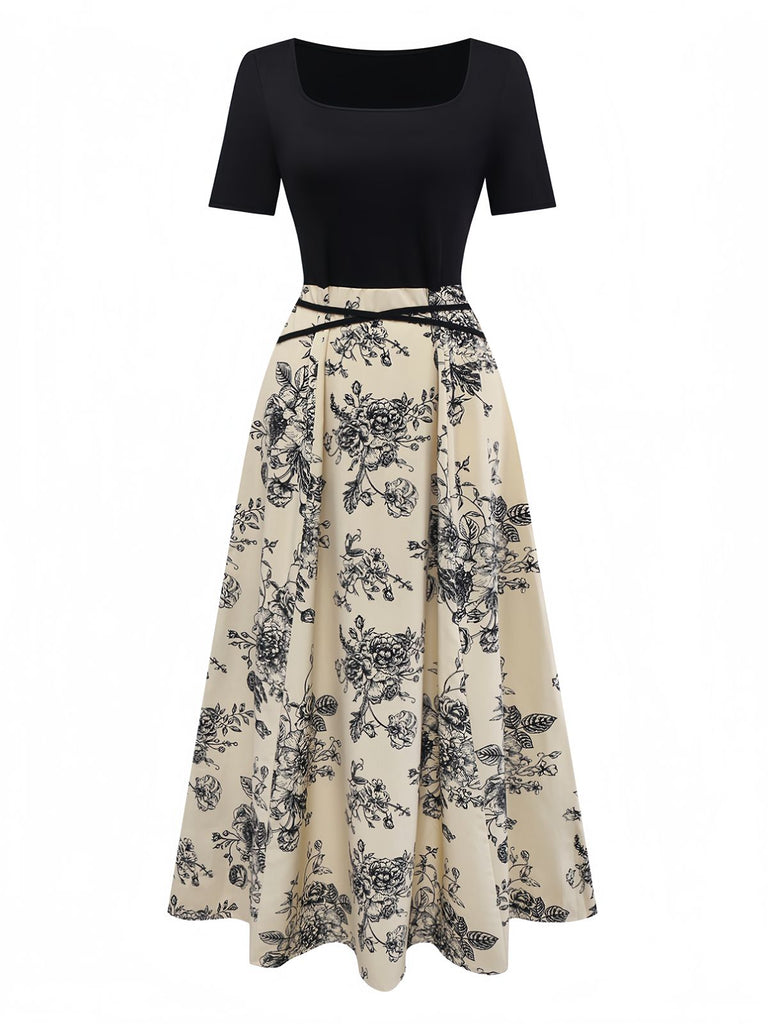 Robe kaki col carré imprimé peinture à l'encre de fleurs années 1970