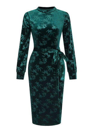 Robe crayon en velours vert jacquard motif bambou des années 1960