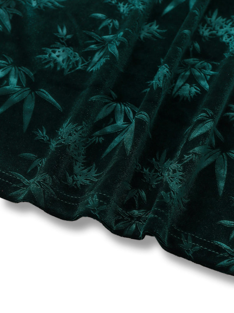 Robe crayon en velours vert jacquard motif bambou des années 1960