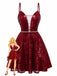 Robe en maille à paillettes col décolleté en V profond rouge vin des années 1950