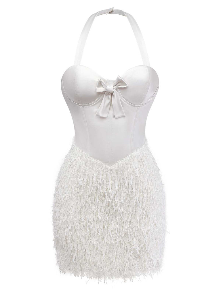 [Prévente] Robe bustier blanche en satin à franges de plumes années 1960