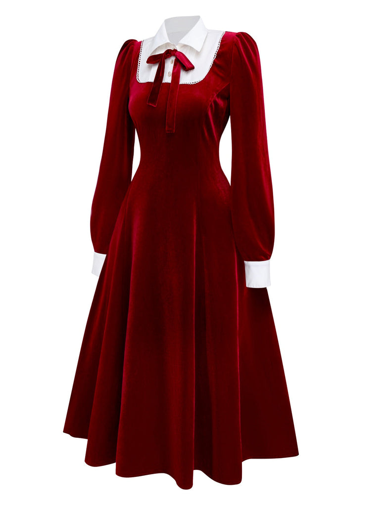 [Prévente] Robe rouge en velours en col chemise et nœud années 40