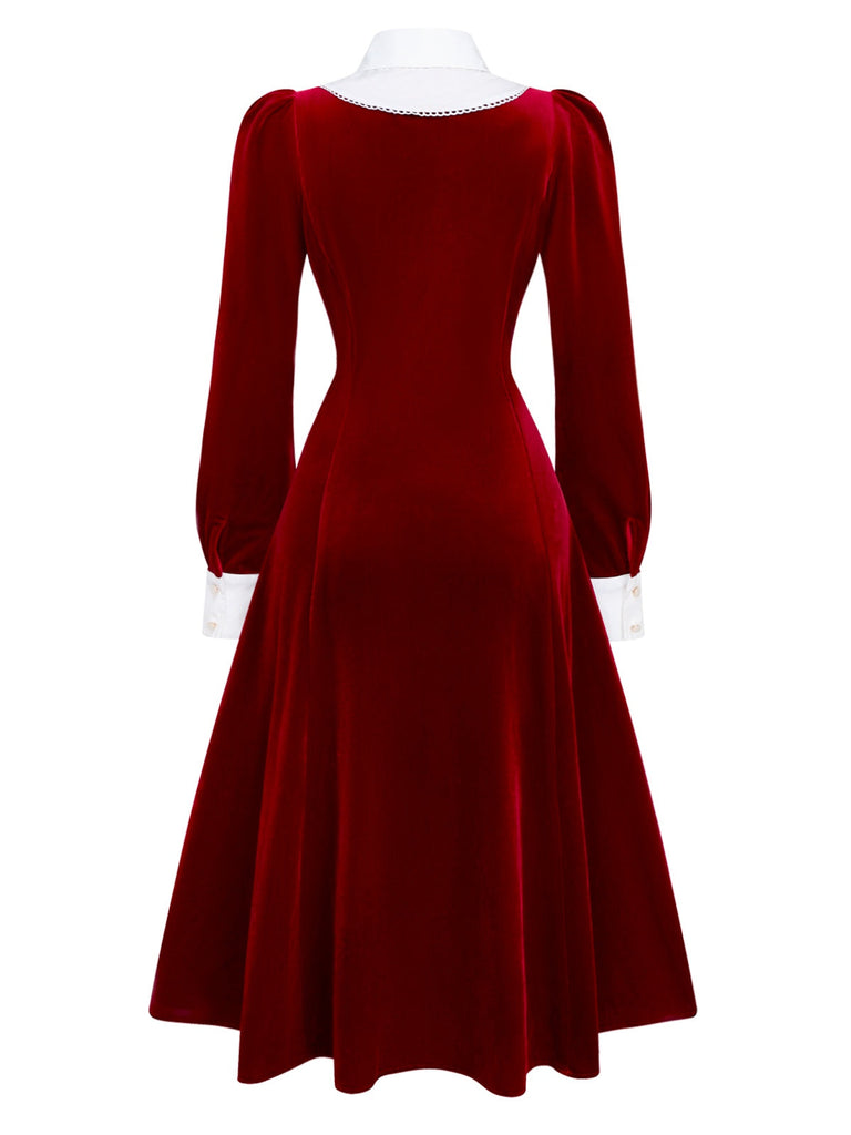 [Prévente] Robe rouge en velours en col chemise et nœud années 40